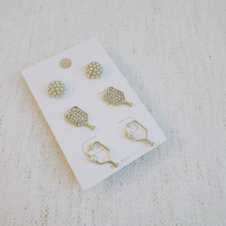 Pickle Ball Stud Earrings Set of 3